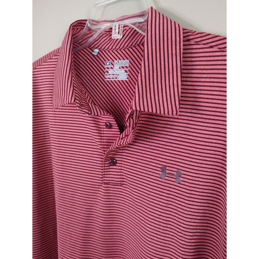 Under Armour Mens HeatGear Striped Polo Shirt Red Black 2XL Loose Short Sleeve - Picture 2 of 8